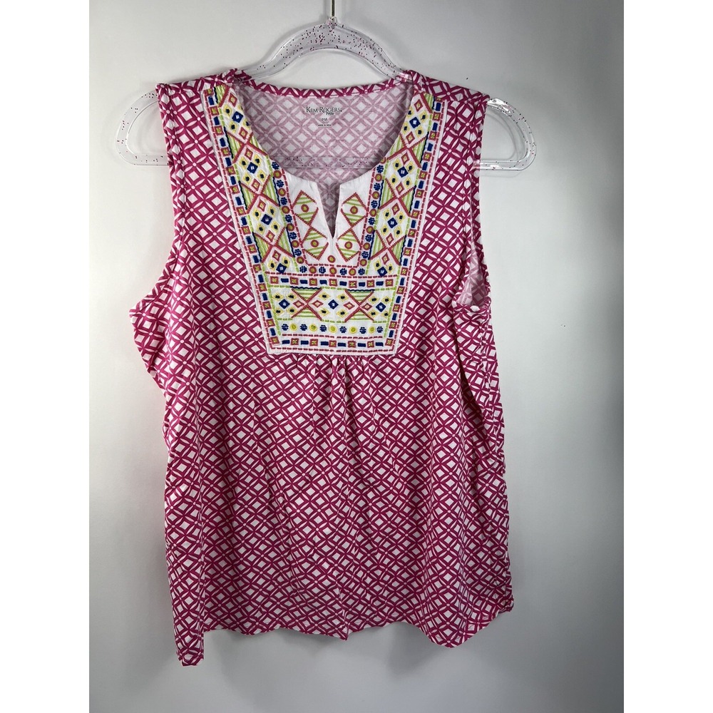 Kim Rogers Sleeveless Top Red and White Embroidered V Neck Womens Size PM